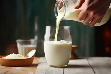Fresh milk poured into glass jar on sunny day.