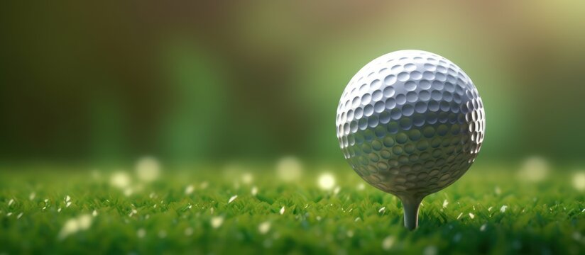 Close up photo of a golf ball on tee with blurred green bokeh background. Perfect for use in golf related advertising, social media posts, or website designs.