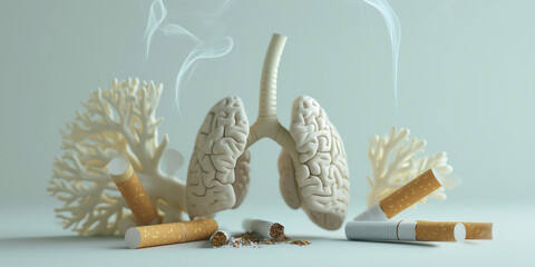 World no tobacco day. Smoking prevention. Minimalist lungs and cigarettes on white background. Ashtray with cigarette butts. Concept of breathing health and life. - obrazy, fototapety, plakaty