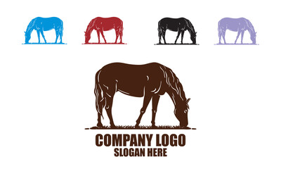 Obraz premium STRONG AND HAPPY HORSE EATING GRESS LOGO, silhouette of great mane at ranch vector illustrations