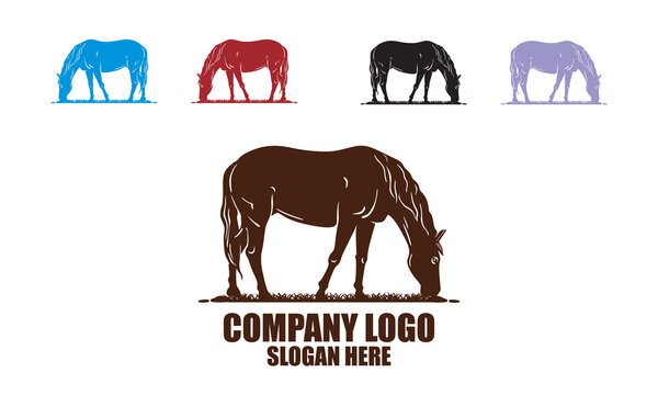 STRONG AND HAPPY HORSE EATING GRESS LOGO, silhouette of great mane at ranch vector illustrations