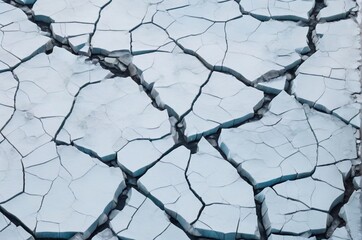 Top view of cracked blue ice on the river in spring time, texture of ice. The concept of the arrival of spring, danger, river descent. AI generated