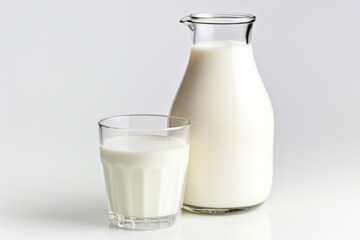 Closeup of natural whole milk in jug and glass