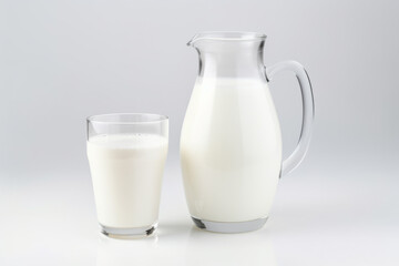 Closeup of natural whole milk in jug and glass