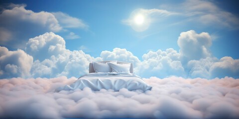 A blue mattress among the clouds. The bed stands in a blue fluffy cloud in the sky.. Mattress advertising concept and sweet dreams