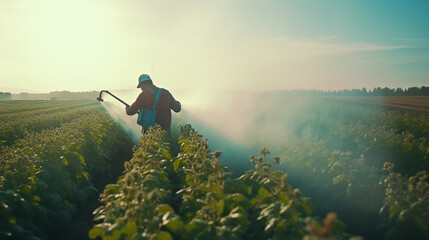 farmer sprays a potato plantation with a sprayer chemical treatment. mist sprayer, fungicide and pesticide. effective crop protection of cultivated - obrazy, fototapety, plakaty