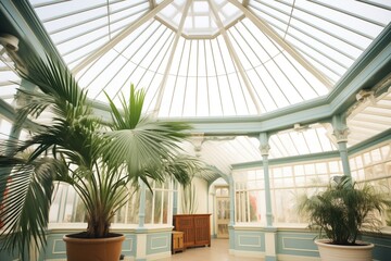 large palms in a conservatory with a glass dome - Powered by Adobe