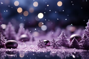 Glistening Snowflakes Falling in a Dreamy Christmas Forest, on an isolated Lavender Purple background, Generative AI