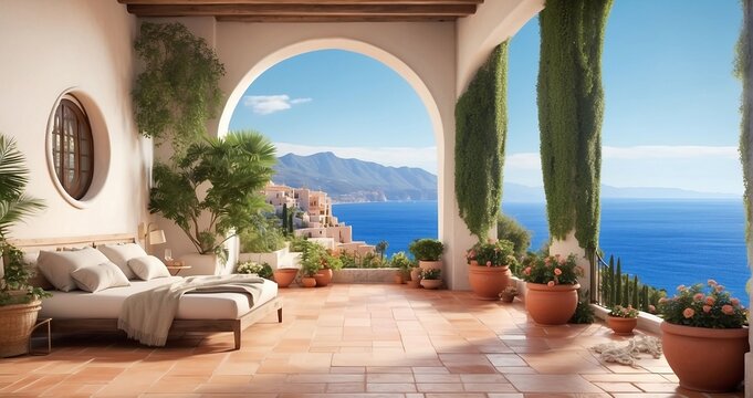 A scene featuring a Mediterranean-style villa with terracotta tiles, whitewashed walls, and lush gardens overlooking a sparkling blue coastline. AI Generative - Generative AI