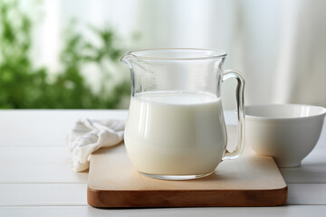 Fototapeta na wymiar Breakfast milk served on white kitchen table.