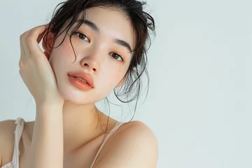 Fotobehang 素肌の綺麗な日本人メイクモデルのポートレート（白背景・美肌・透明感） © Maki_Japan