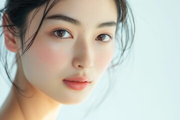 Naklejka premium 素肌の綺麗な日本人メイクモデルのポートレート（白背景・美肌・透明感）