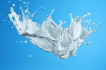 Milk splash on blue background. Dairy concept.