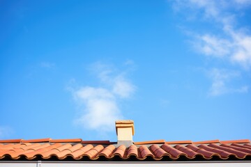 closeup of terracotta roof tiles with blue sky