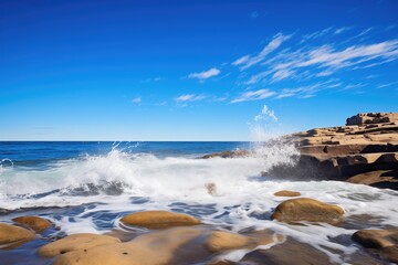 waves crashing against a rocky shoreline with clear blue skies