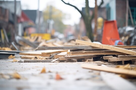 broken wooden plank amidst construction debris