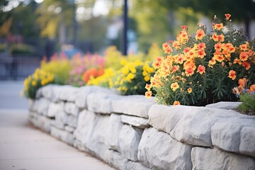 stone retaining wall with flowering shrubs