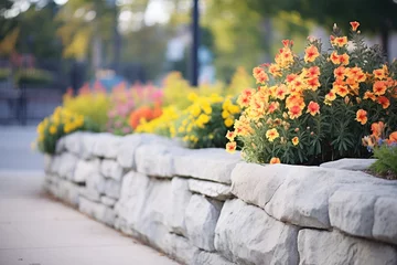 Photo sur Aluminium Gris stone retaining wall with flowering shrubs