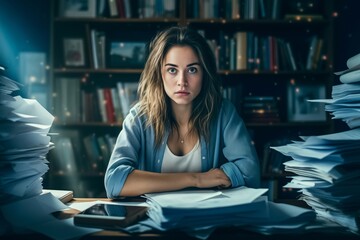 Woman employee falls in state of procrastination in office. Woman worker sits at table filled with papers and folders being overloaded with tasks