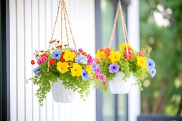 colorful hanging baskets on a front porch