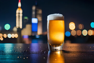 large pint of refreshing beer on a rooftop terrace , urban lights background - obrazy, fototapety, plakaty