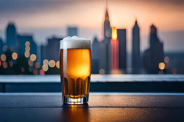 large pint of beer on a bar counter , bokeh city background