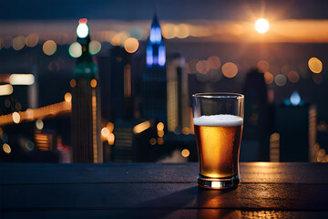 large pint of beer on a  bar counter , bokeh city background