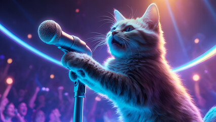 A futuristic cat with a glowing microphone, surrounded by a holographic audience as it performs a mesmerizing song - obrazy, fototapety, plakaty