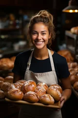 Gordijnen Female bakery owner showcasing her freshly baked goods, Generative AI © Shooting Star Std