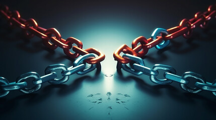 the chain with arrows splits into two. concept of conflict division of business company, - obrazy, fototapety, plakaty