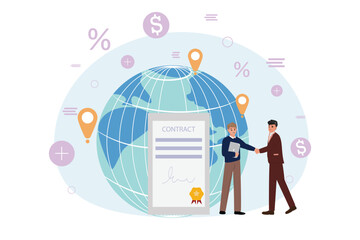 Global business partnership flat vector illustration. Two men shaking hands and making agreement.
