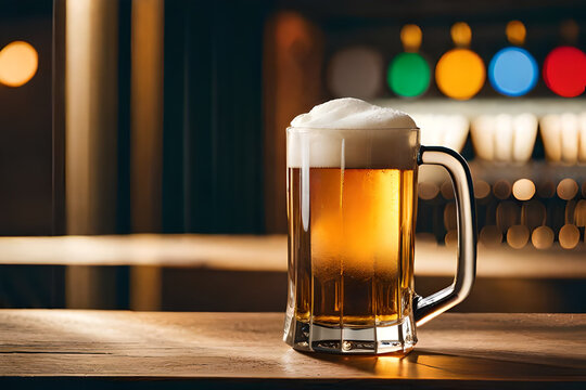 fresh pint of beer on a  bar counter , bokeh background