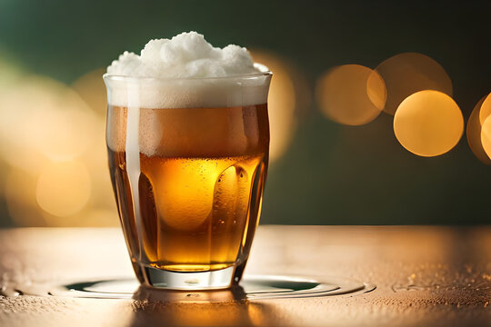 fresh jug of beer on a  bar counter , bokeh background
