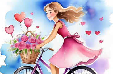 Obraz na płótnie Canvas girl in a pink dress on a bicycle with a basket of pink flowers and heart-shaped balloons