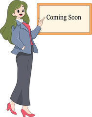 illustration of a sale banner announcing a new product is coming, a woman standing pointing at a board