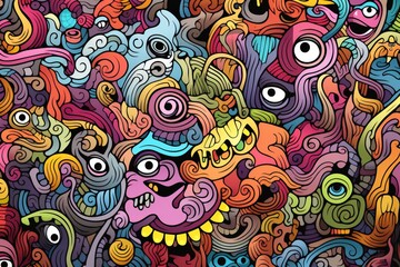 Cartoon cute doodles of abstract surreal elements, intricately woven together to create a detailed and seamless pattern, Generative AI
