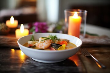 pre-dinner bouillabaisse on a set table with candles