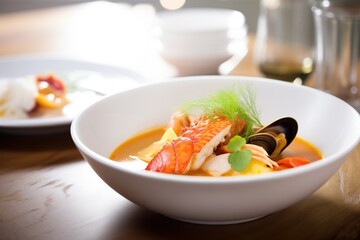 bouillabaisse with lobster tail, focus on seafood texture