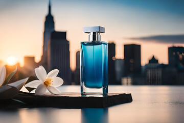 blue pefume container , minimal bokeh background