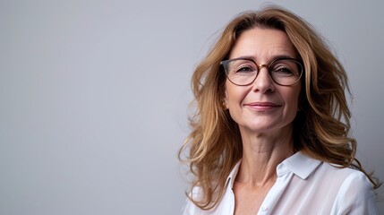 Obraz premium Beautiful middle-aged businesswoman with glasses against a gray background.