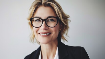 Fototapeta premium Beautiful middle-aged businesswoman with glasses against a gray background.