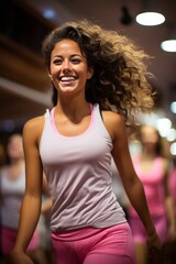 Fototapeta premium Female fitness studio owner leading a dynamic workout class, Generative AI