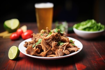 beer-braised carnitas with a pint of lager in the background - obrazy, fototapety, plakaty