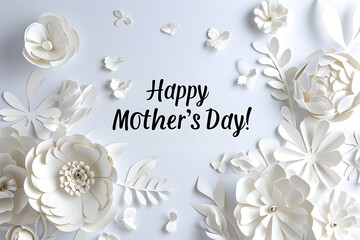 Mother's day concept - white flowers in made of paper style, solid color background