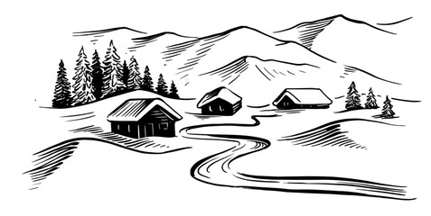 Winter landscape sketch. Wood cabin landscape - obrazy, fototapety, plakaty