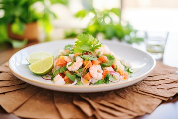 pile of fresh lime-marinated shrimp ceviche on plate with cilantro - obrazy, fototapety, plakaty