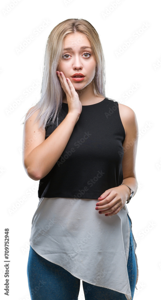 Sticker young blonde woman over isolated background thinking looking tired and bored with depression problem