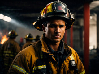 A strong firefighter in a building fire