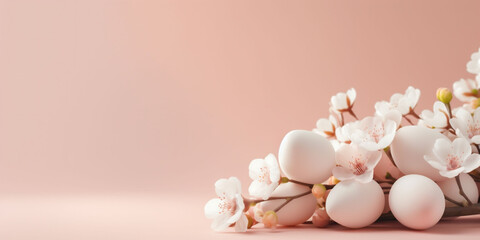 Muted Beige Eggs and Delicate Peach Blossoms on a Peach-Colored Canvas, Perfect for a Festive Easter Banner