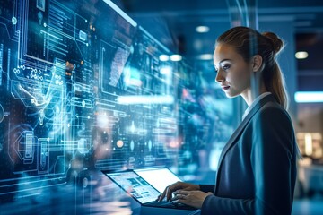 Intelligent and analytical female data scientist analysing computer information. Young feminist believes doing work like men by managing information